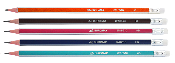 Олівець графітовий BUROMAX SILVER, НВ, з гумкою, тригранний, асорті, зі срібл. смужкою (BM.8510)